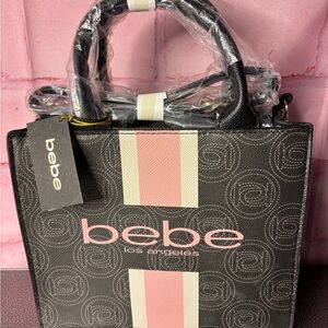 bebe Black Tote with Pink and Cream Center Stripe